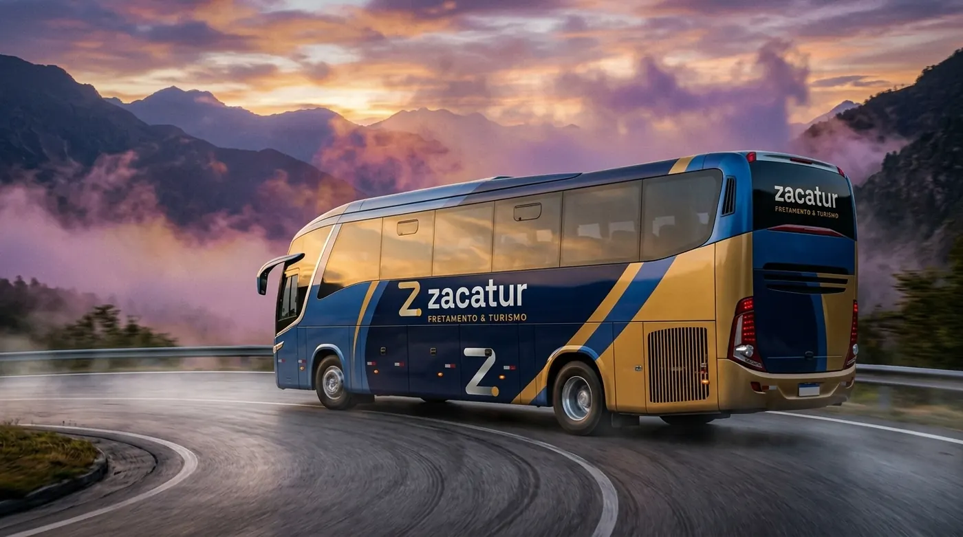 Ilustração de um ônibus com a identidade da ZacaTur em uma estrada de serra